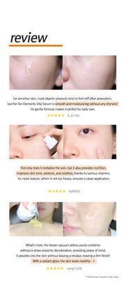 ProtoClinical k-beauty 12GRABS: 10 Elements Vita Serum (50ml) review graphic with six close-up skin photos, five-star ratings, and black testimonial text on a white background