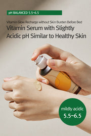ProtoClinical k-beauty 12GRABS: 10 Elements Vita Serum (50ml) hands holding an amber pump bottle with a gel serum swatch and green pH badge on a beige background