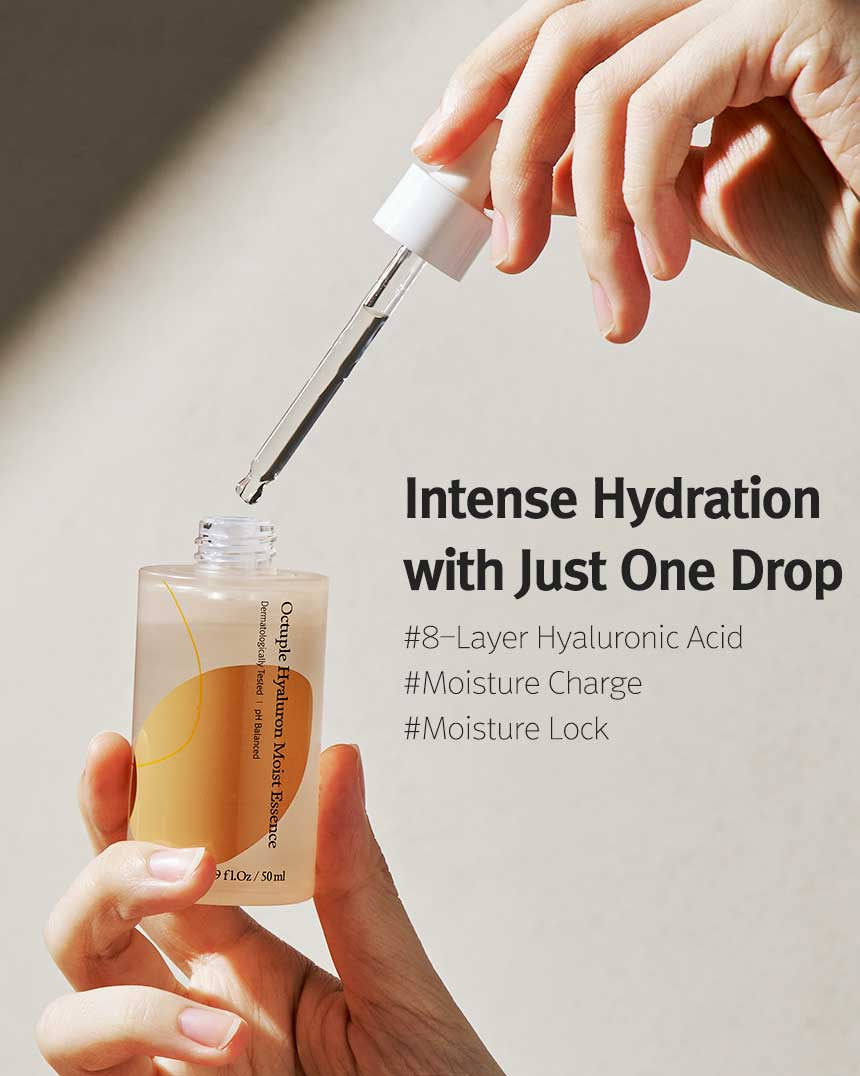 ProtoClinical k-beauty 12GRABS: Octuple Hyaluron Moist Essence (50ml) open dropper bottle held in two hands with a lifted glass pipette and bold black headline text on a beige background