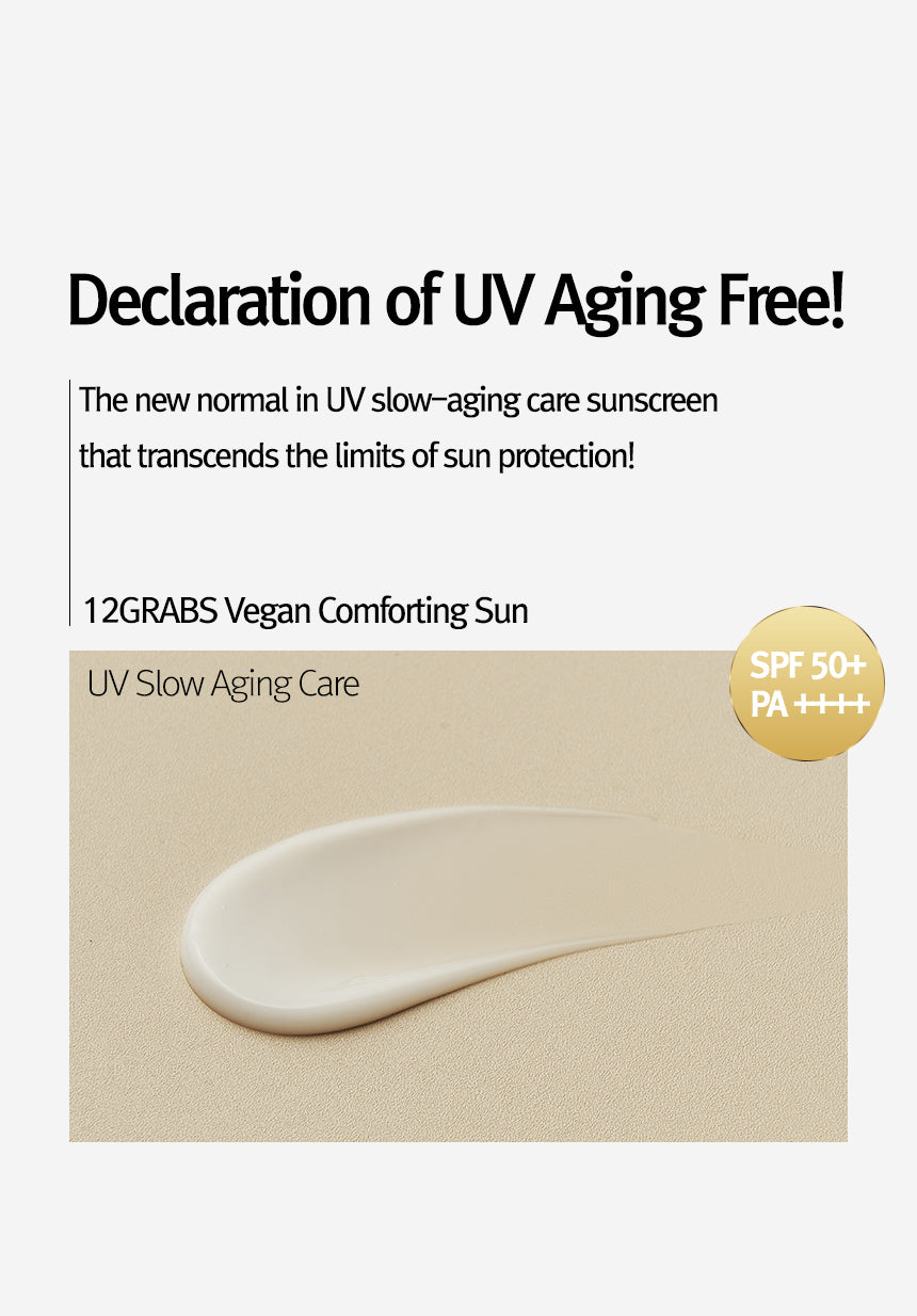 ProtoClinical k-beauty 12GRABS Vegan Comforting Sun 50ml single beige sunscreen package centered on a soft lavender and cream background.