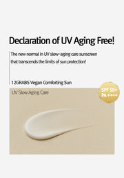 ProtoClinical k-beauty 12GRABS Vegan Comforting Sun 50ml single beige sunscreen package centered on a soft lavender and cream background.