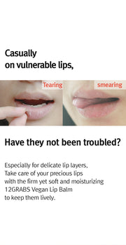 ProtoClinical k-beauty 12GRABS Vegan Lip Balm 4g split graphic with two close-up lip photos showing dry lip texture on a white layout with bold black text