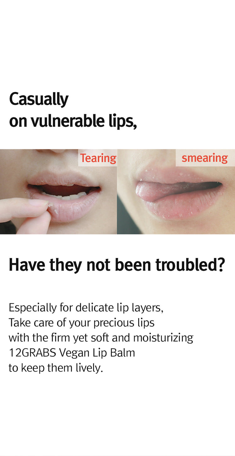 ProtoClinical k-beauty 12GRABS Vegan Lip Balm 4g split graphic with two close-up lip photos showing dry lip texture on a white layout with bold black text