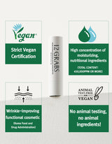 ProtoClinical k-beauty 12GRABS Vegan Lip Balm 4g upright white balm tube centered between four green vegan certification panels on a textured white background