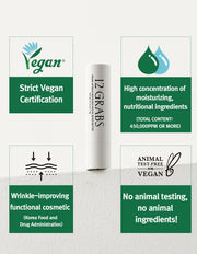 ProtoClinical k-beauty 12GRABS Vegan Lip Balm 4g upright white balm tube centered between four green vegan certification panels on a textured white background