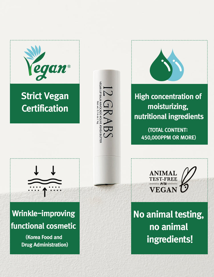 ProtoClinical k-beauty 12GRABS Vegan Lip Balm 4g upright white balm tube centered between four green vegan certification panels on a textured white background
