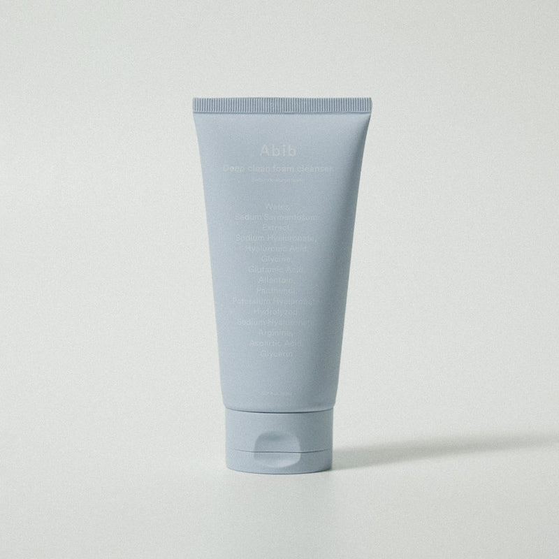 ProtoClinical k-beauty Abib Deep clean foam cleanser Sedum Hyaluron foam 150ml single upright green cleansing foam package centered on a pale background.
