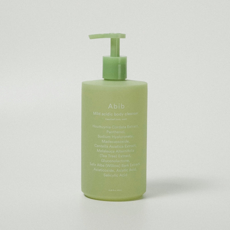 ProtoClinical k-beauty Abib Mild acidic body cleanser Heartleaf body wash 470ml single body wash bottle centered on a white background.