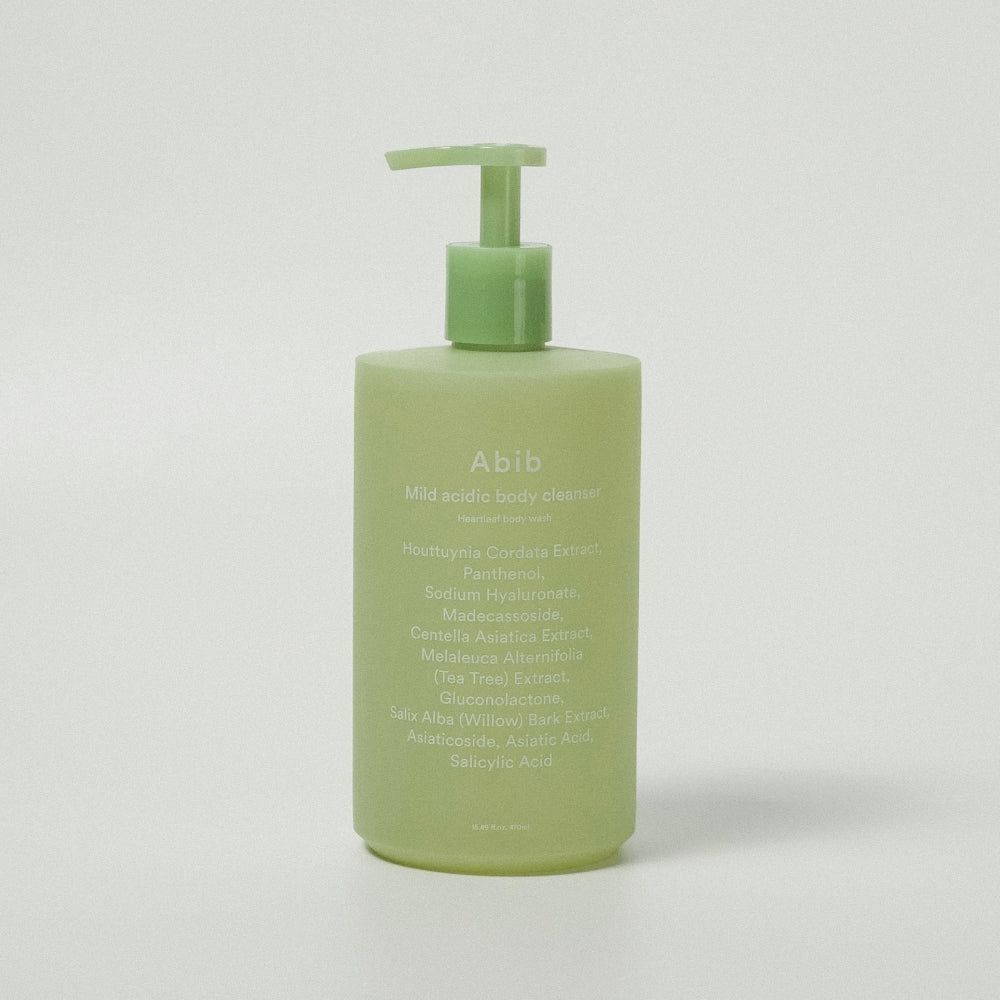ProtoClinical k-beauty Abib Mild acidic body cleanser Heartleaf body wash 470ml shown as a single studio product shot on a white background