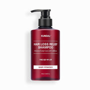 ProtoClinical k-beauty KUNDAL HAIR LOSS RELIEF SHAMPOO Intensive Scalp Care with Caffeine 500ml #BABY POWDER single upright deep rose shampoo bottle centered on a pale blue background.