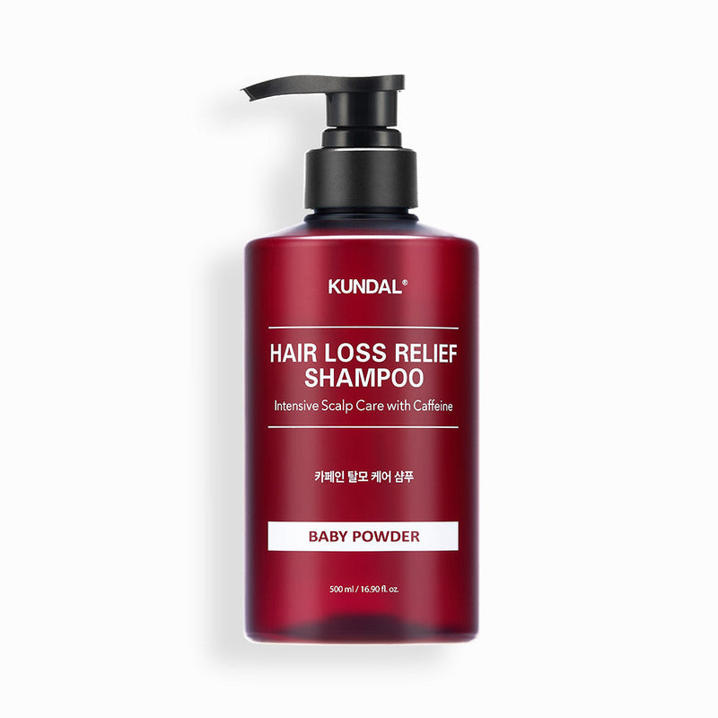 ProtoClinical k-beauty KUNDAL HAIR LOSS RELIEF SHAMPOO Intensive Scalp Care with Caffeine 500ml #BABY POWDER single upright deep rose shampoo bottle centered on a pale blue background.