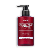 ProtoClinical k-beauty KUNDAL HAIR LOSS RELIEF SHAMPOO Intensive Scalp Care with Caffeine 500ml #YLANG YLANG single upright deep rose shampoo bottle centered on a pale blue background.