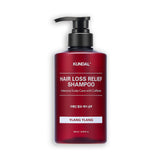 ProtoClinical k-beauty KUNDAL HAIR LOSS RELIEF SHAMPOO Intensive Scalp Care with Caffeine 500ml #YLANG YLANG single upright deep rose shampoo bottle centered on a pale blue background.