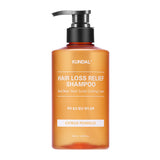 ProtoClinical k-beauty KUNDAL HAIR LOSS RELIEF SHAMPOO Real Beer Yeast Scalp Cooling Care 500ml single centered golden shampoo bottle on a white background with pale blue side accents.