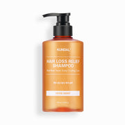 ProtoClinical k-beauty KUNDAL HAIR LOSS RELIEF SHAMPOO Real Beer Yeast Scalp Cooling Care 500ml single centered golden shampoo bottle on a white background with pale blue side accents.