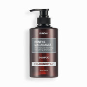 ProtoClinical k-beauty KUNDAL HONEY&MACADAMIA Pure Natural Balancing Refreshing Shampoo 500ml #BLACKBERRY BAY single centered dark shampoo bottle on a white background with pale green side accents.