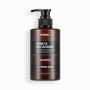 ProtoClinical k-beauty KUNDAL HONEY&MACADAMIA Pure Natural Balancing Refreshing Shampoo 500ml #PYEON BAEK single centered dark shampoo bottle on a white background with pale green side accents.