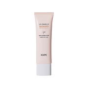 ProtoClinical k-beauty IOPE UV Shield Essential Tone-up Sun SPF 50+ PA++++ 50ml beige skincare product framed by dark side panels on a light background