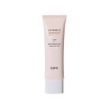 ProtoClinical k-beauty IOPE UV Shield Essential Tone-up Sun SPF 50+ PA++++ 50ml beige skincare product framed by dark side panels on a light background