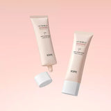 ProtoClinical k-beauty IOPE UV Shield Essential Tone-up Sun SPF 50+ PA++++ 50ml light beige skincare product on a pale pink gradient background
