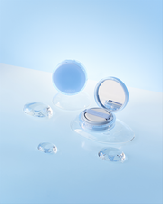 ProtoClinical k-beauty rom&nd Bare Water Cushion 5 Shades single cushion compact lying flat with a beige center on a pale blue and white background