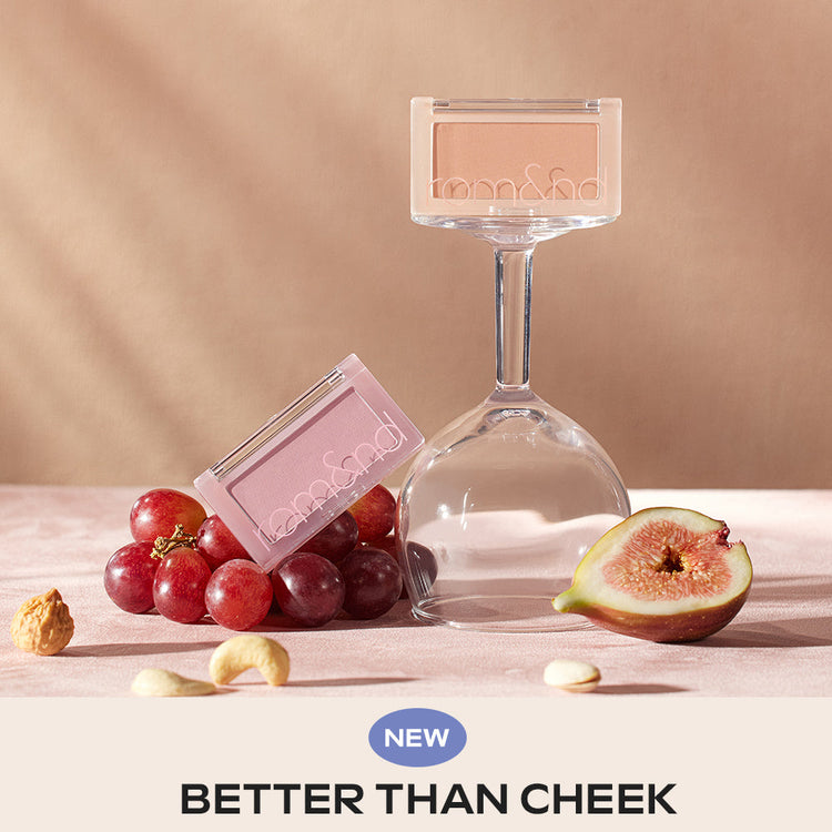 ProtoClinical k-beauty rom&nd BETTER THAN CHEEK single blush compact with muted pink tones centered on a light background.