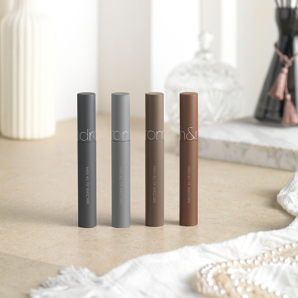 ProtoClinical k-beauty rom&nd HAN ALL FIX MASCARA square product-detail graphic with a slim mascara tube, black wand styling, and clean white layout