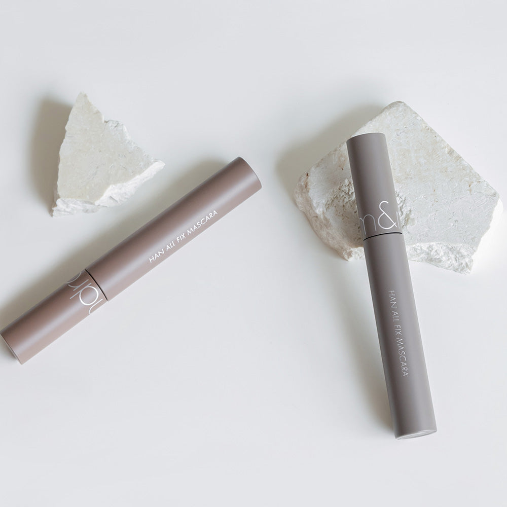 ProtoClinical k-beauty rom&nd HAN ALL FIX MASCARA square mascara detail graphic with black wand styling, compact text blocks, and white background