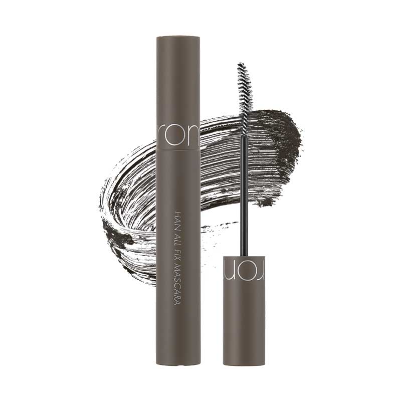 ProtoClinical k-beauty rom&nd HAN ALL FIX MASCARA mascara detail graphic with dark lash comparison panels and compact white square layout