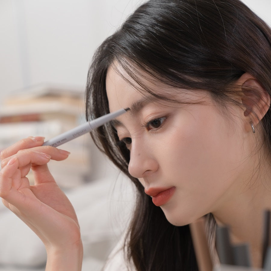 ProtoClinical k-beauty rom&nd HAN ALL FLAT BROW - 6 colors square brow-pencil product graphic with slim flat pencil styling, brown shade accents, and white layout