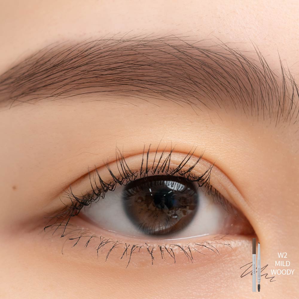 ProtoClinical k-beauty rom&nd HAN ALL FLAT BROW - 6 colors #W2 MILD WOODY shade image in a square layout with woody brown brow color and flat pencil styling