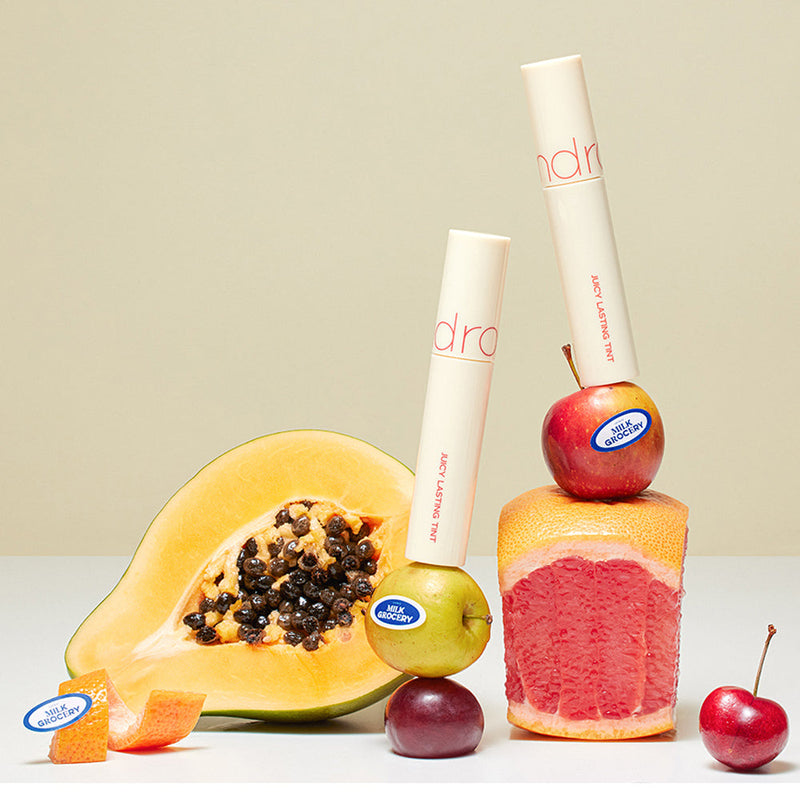 ProtoClinical k-beauty rom&nd JUICY LASTING TINT Milk Grocery Series 28 BARE FIG 29 PAPAYA JAM lip tint set with two packaged shades arranged on a clean white background