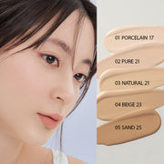ProtoClinical k-beauty rom&nd NU ZERO CUSHION 5color shown as a single beige round cushion compact centered on a pale lavender and cream background