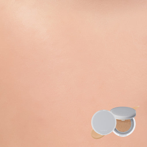 ProtoClinical k-beauty rom&nd NU ZERO CUSHION 5color shown as a single beige cushion package centered on a pale peach and blue background