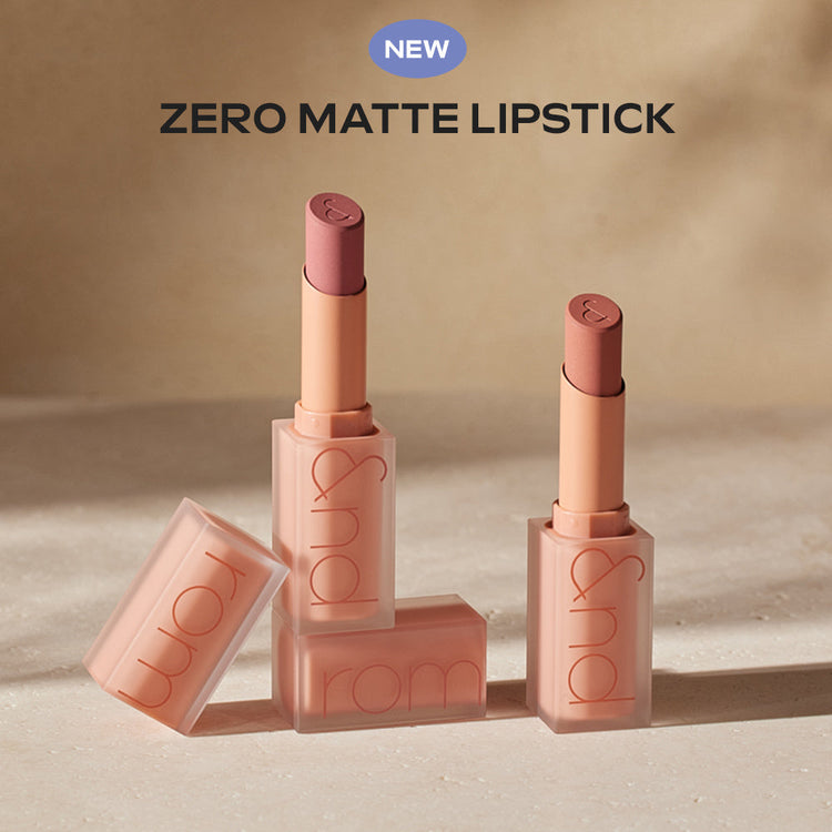 ProtoClinical k-beauty rom&nd ZERO MATTE LIPSTICK New Muteral Nude shown as four nude lipstick tubes in a 2 by 2 grid on a warm beige background