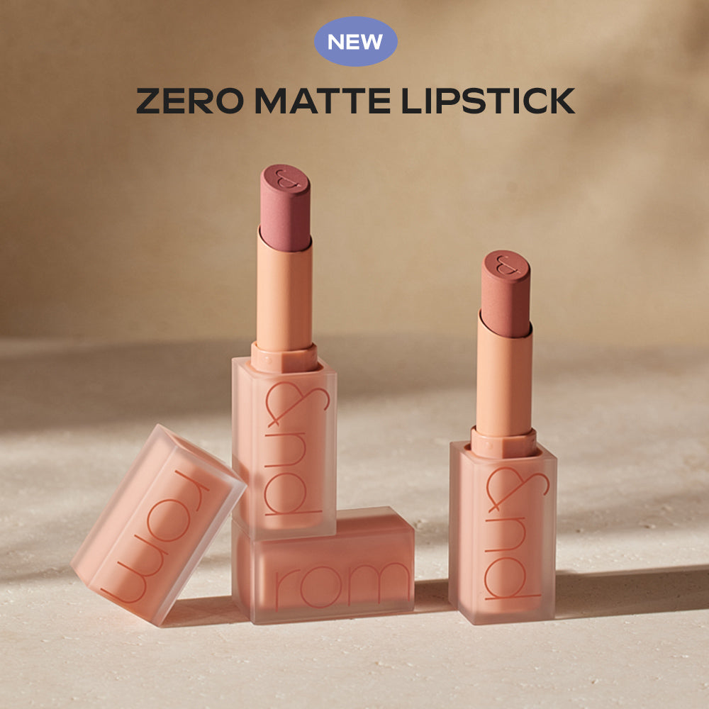 ProtoClinical k-beauty rom&nd ZERO MATTE LIPSTICK New Muteral Nude shown as four nude lipstick tubes in a 2 by 2 grid on a warm beige background