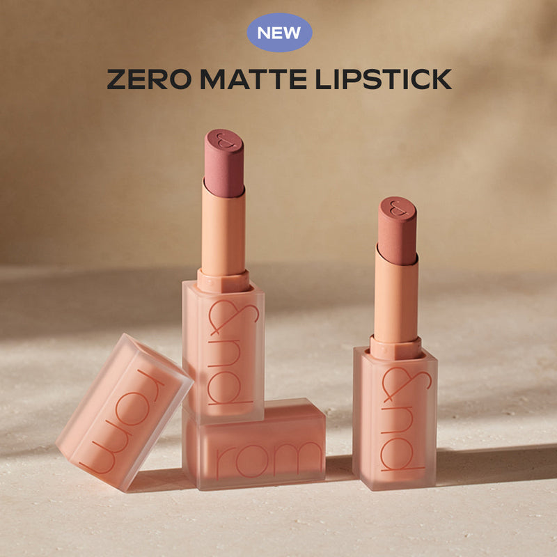 ProtoClinical k-beauty rom&nd ZERO MATTE LIPSTICK New Muteral Nude shown as four nude lipstick tubes in a 2 by 2 grid on a warm beige background