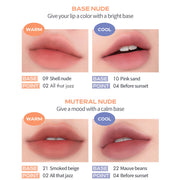 ProtoClinical k-beauty rom&nd ZERO MATTE LIPSTICK New Muteral Nude four lipstick tubes arranged in a 2 by 2 grid on a pale pink background