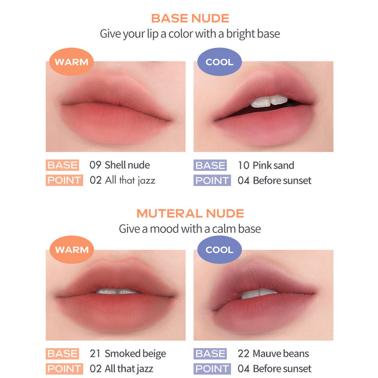 ProtoClinical k-beauty rom&nd ZERO MATTE LIPSTICK New Muteral Nude four lipstick tubes arranged in a 2 by 2 grid on a pale pink background