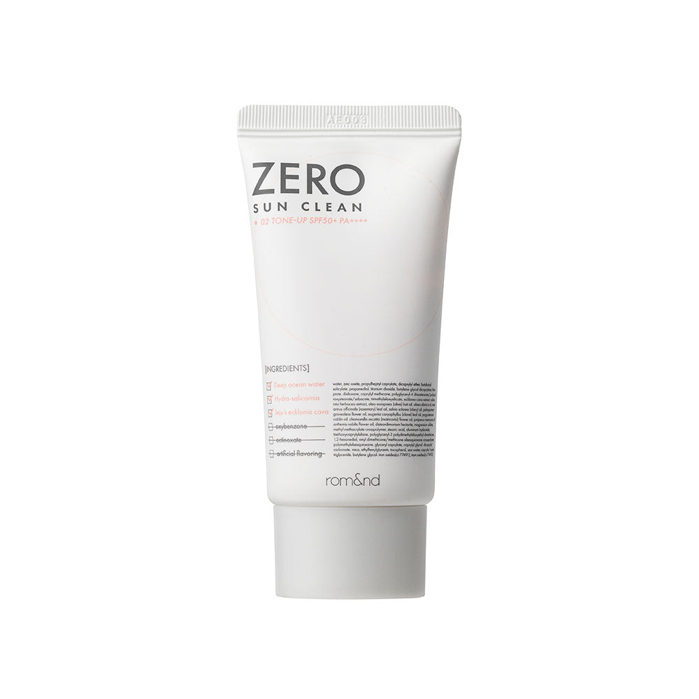 ProtoClinical k-beauty rom&nd ZERO SUN CLEAN 50ml, SPF 50+, PA++++ single upright sun care container centered on a white background with soft peach side accents.