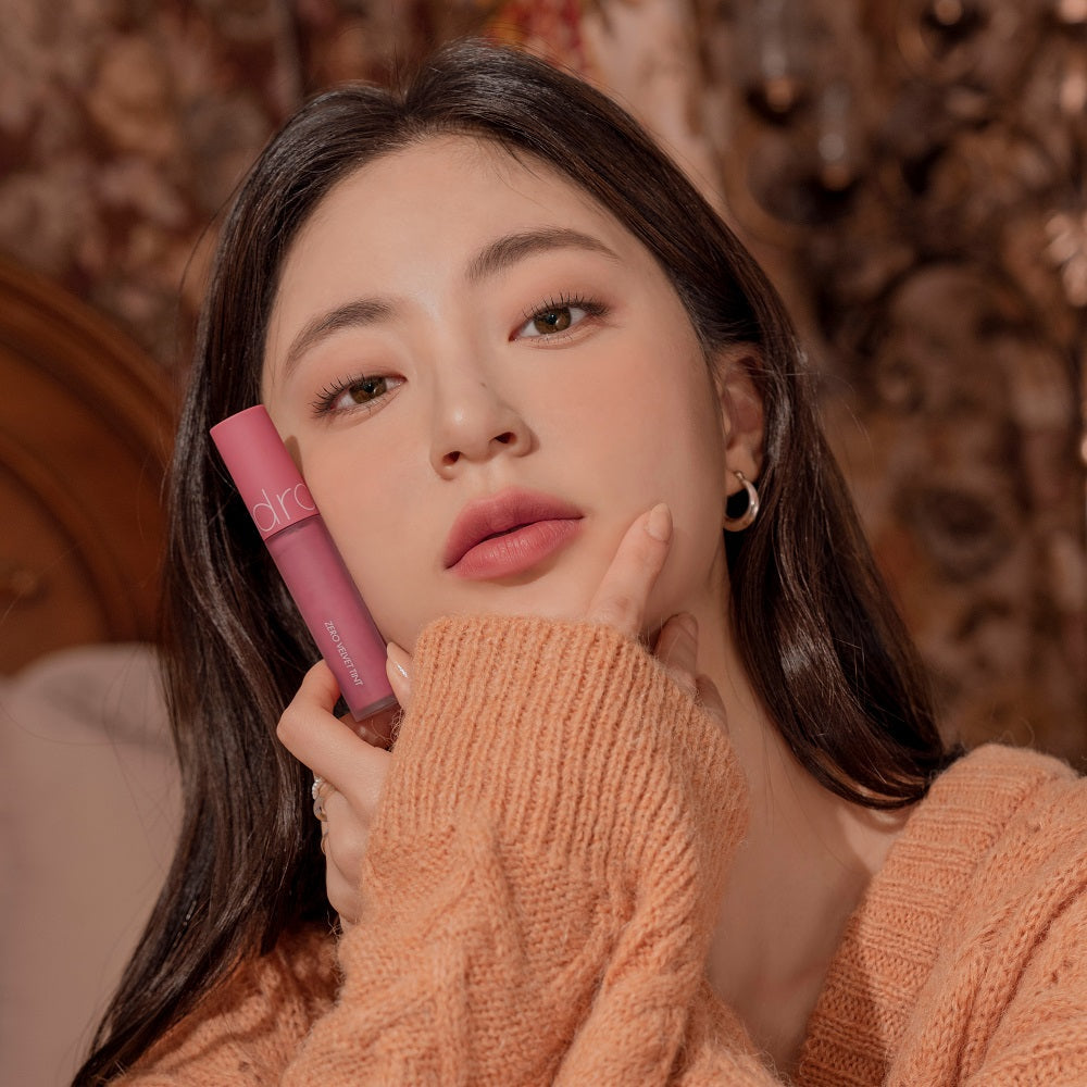 ProtoClinical k-beauty rom&nd ZERO VELVET TINT 4color square lip tint detail graphic with rosy-brown shade panels and compact white layout