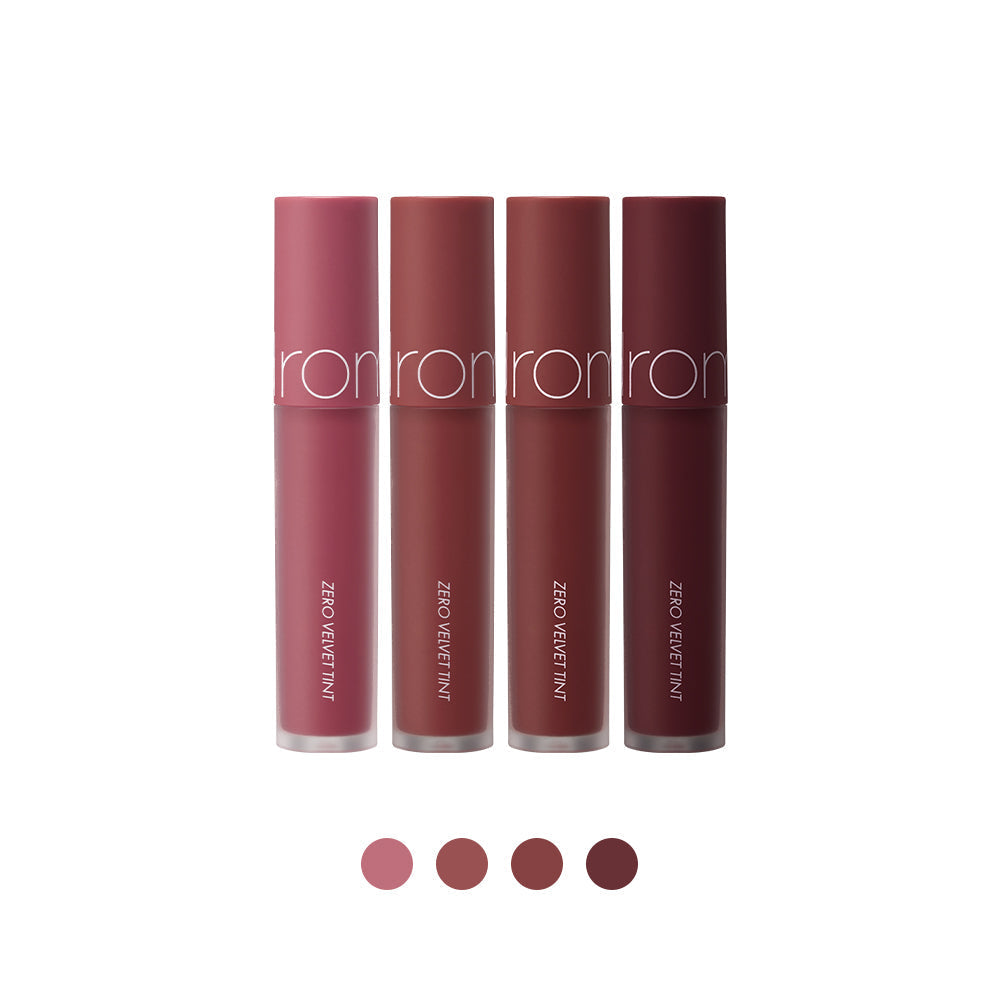 ProtoClinical k-beauty rom&nd ZERO VELVET TINT 4color square 20FW shade graphic with velvet tint colors, swatch blocks, and clean white layout