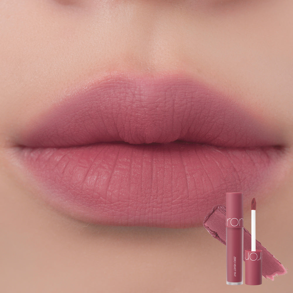 ProtoClinical k-beauty rom&nd ZERO VELVET TINT 4color #18 shade graphic with muted rose tint color, swatch blocks, and square white layout