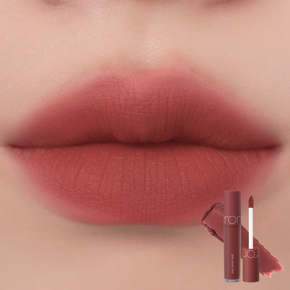 ProtoClinical k-beauty rom&nd ZERO VELVET TINT 4color #19 shade graphic with soft taupe-brown tint color, swatch blocks, and square white layout