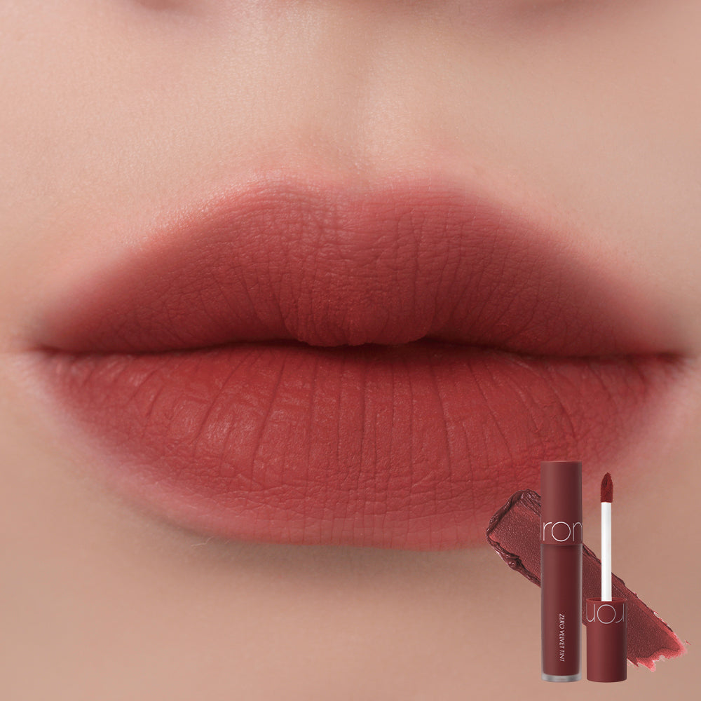 ProtoClinical k-beauty rom&nd ZERO VELVET TINT 4color #20 shade graphic with berry tint color, swatch blocks, and square white layout