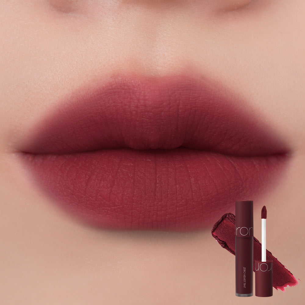 ProtoClinical k-beauty rom&nd ZERO VELVET TINT 4color #21 shade graphic with deep red-brown tint color, swatch blocks, and square white layout