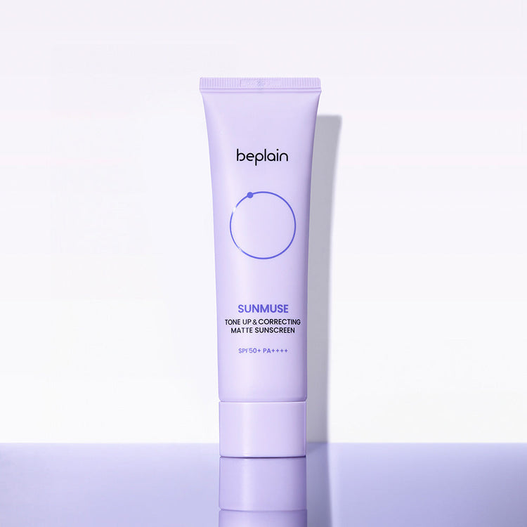 ProtoClinical k-beauty lavender and green beauty graphic with deep blue shading on a light background.