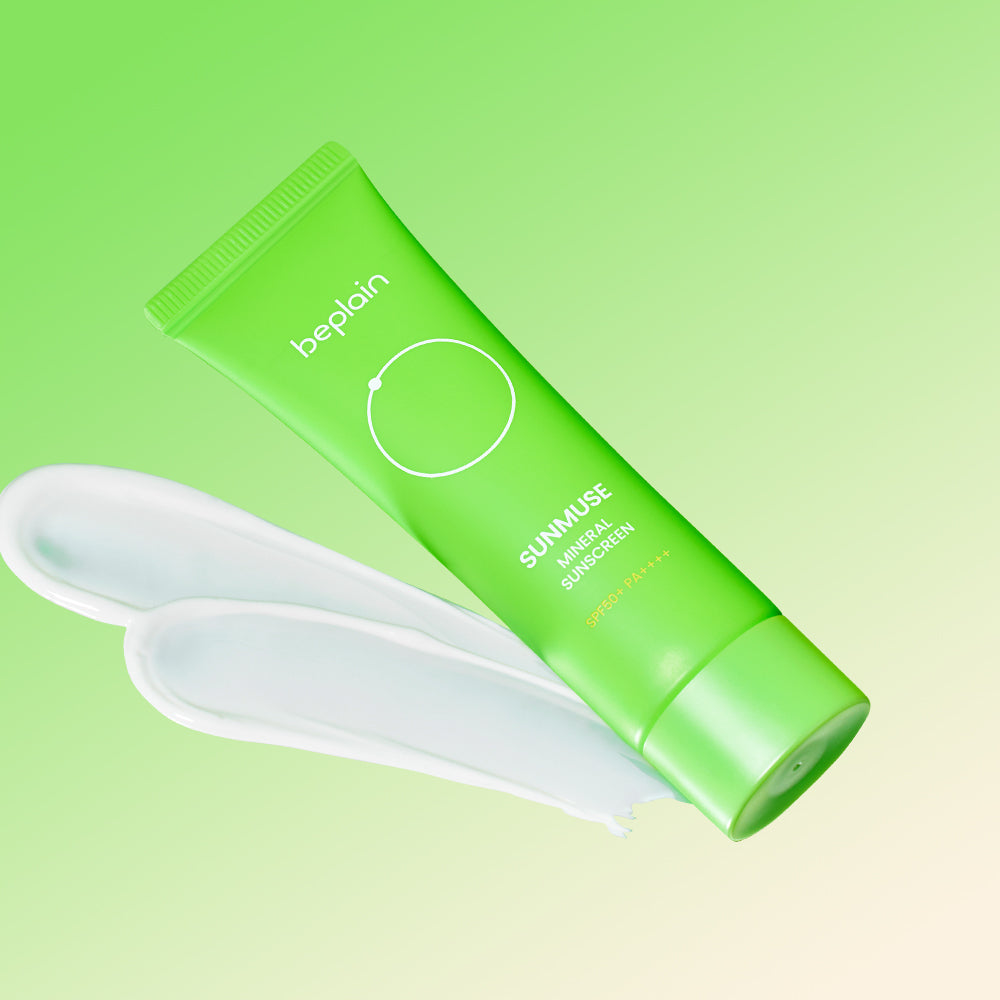 ProtoClinical k-beauty beplain Sunmuse Mineral Sunscreen (SPF50+ / PA++++) 50ml single front-facing mineral sunscreen tube on a white background.
