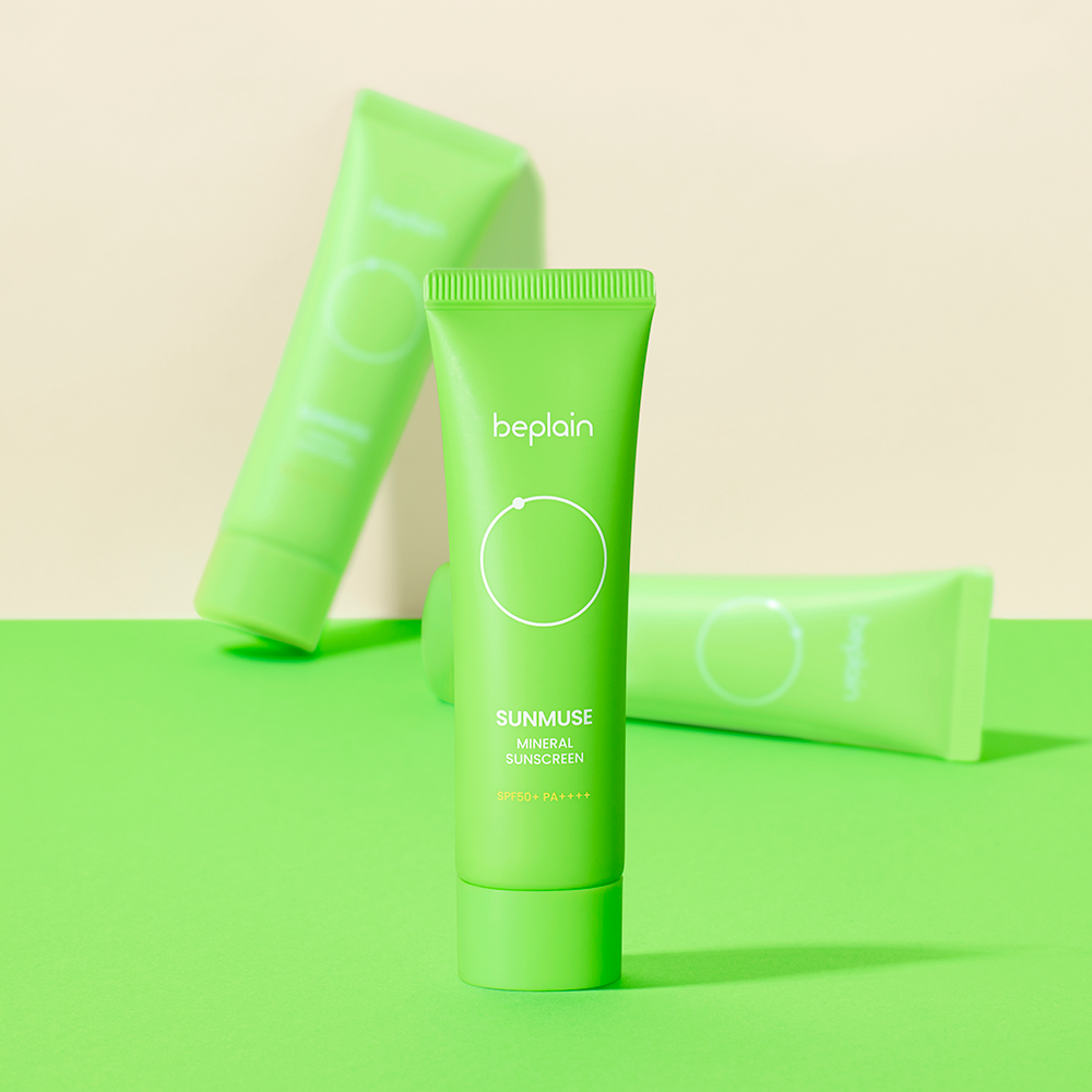 ProtoClinical k-beauty beplain Sunmuse Mineral Sunscreen (SPF50+ / PA++++) 50ml single front-facing mineral sunscreen tube on a white background.