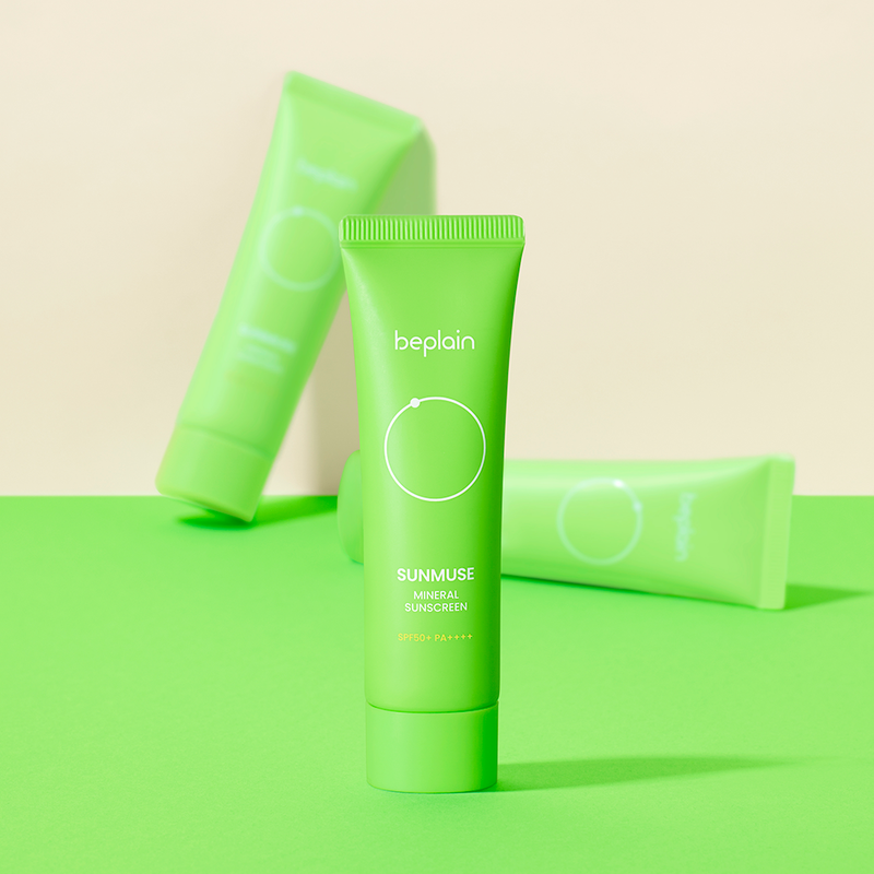 ProtoClinical k-beauty beplain Sunmuse Mineral Sunscreen (SPF50+ / PA++++) 50ml single front-facing mineral sunscreen tube on a white background.